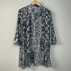 LIOR Paris Snakeskin Boho Resort Sheer Button Up Shirt Womens XL Silver Metallic